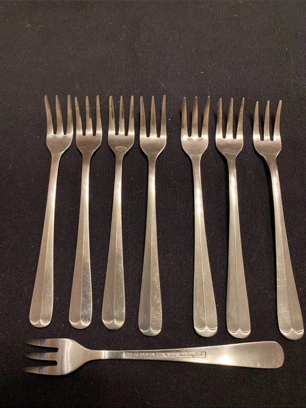 Vintage DELCO Set of  8 Seafood Forks / Appetizer Stainless Steel Old English